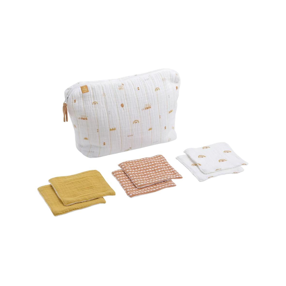 Trousse de toilette en double gaze de coton et carrés éponge