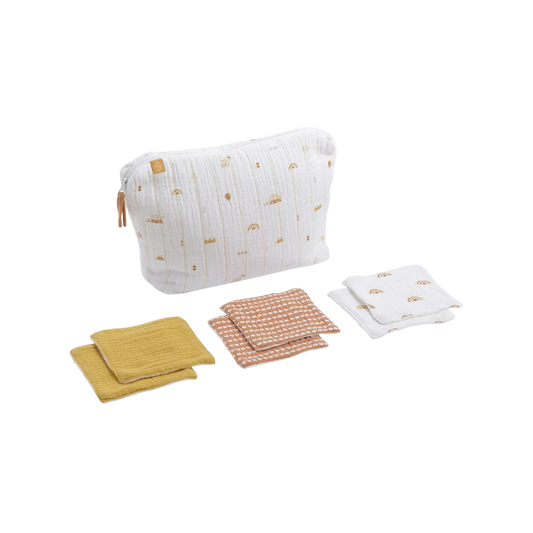 Trousse de toilette en double gaze de coton et carrés éponge