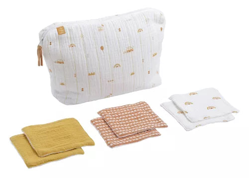 Trousse de toilette en double gaze de coton et carrés éponge